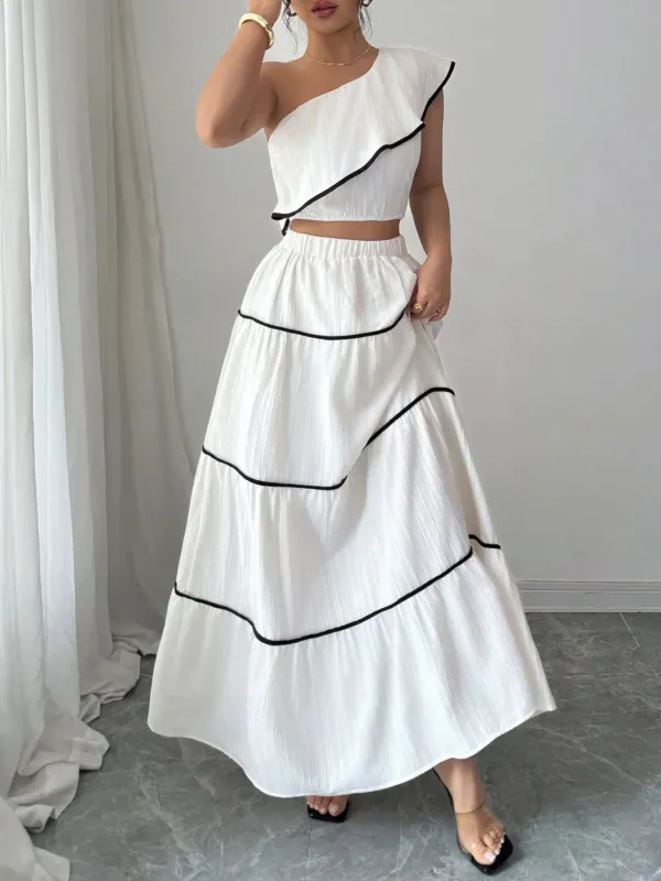 One-Shoulder Ruffle Top and Skirt Two-Piece Set sold by Charming Charlie