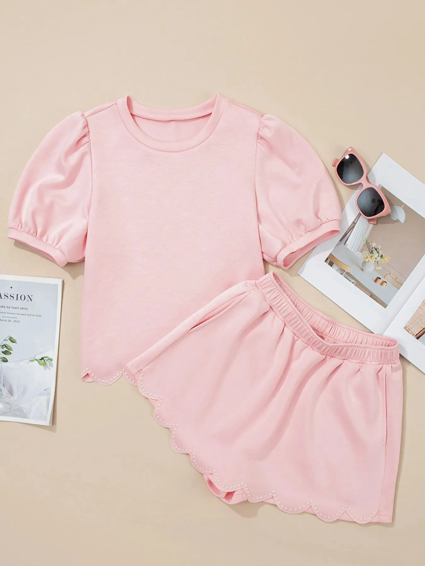 Puff Sleeve Pearl Embellished Scallop Trim Top and Skort Set sold by Charming Charlie product image thumbnail 3