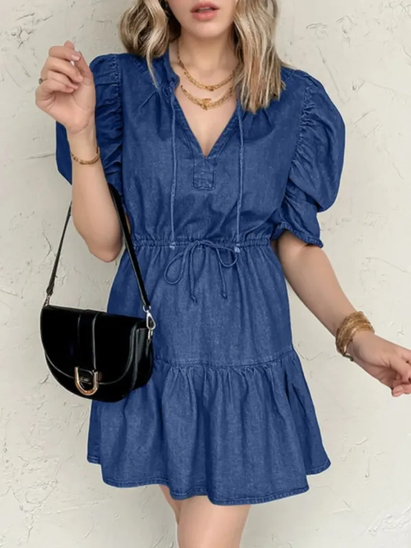 Drawstring High Waist Puff Sleeve Denim Mini Dress sold by Charming Charlie