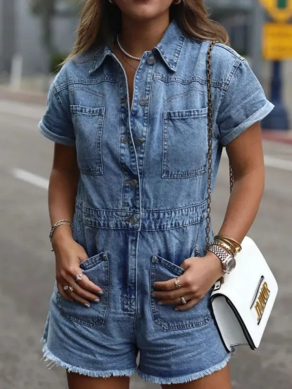 Short Sleeve Denim Romper with Front Pockets sold by Charming Charlie