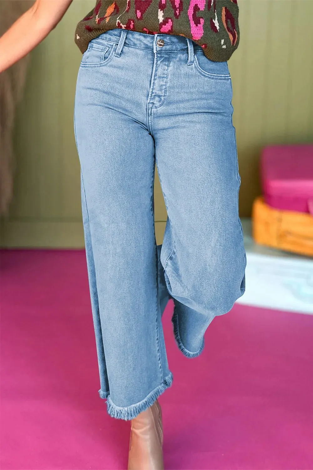 High-Waisted Wide Leg Frayed Hem Jeans sold by Charming Charlie product image thumbnail 2