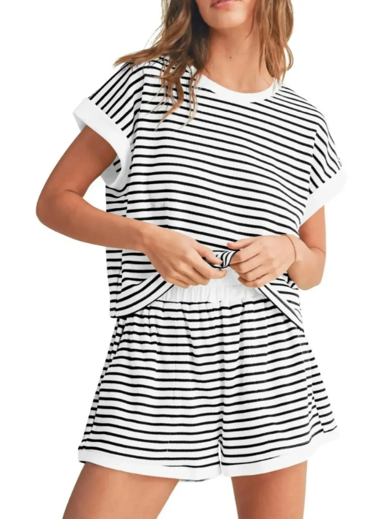 Full Size Contrast Striped T-Shirt and Shorts Set Plus Size sold by Charming Charlie