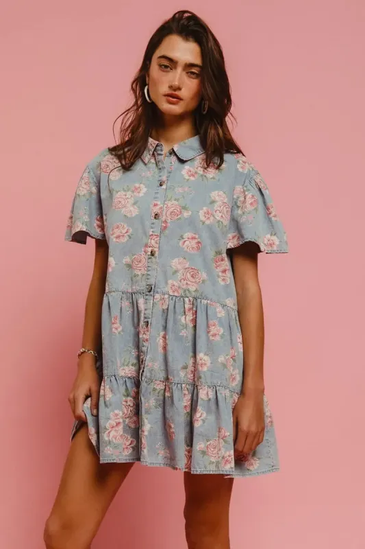 BiBi Floral Print Washed Lightweight Tiered Shirt Dress sold by Charming Charlie