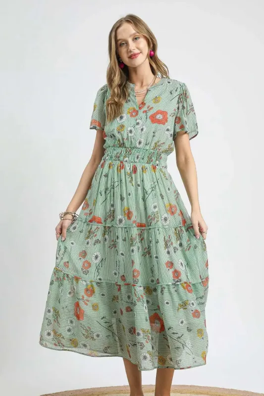 Umgee Smocked Waist Floral Short Sleeve Midi Dress sold by Charming Charlie