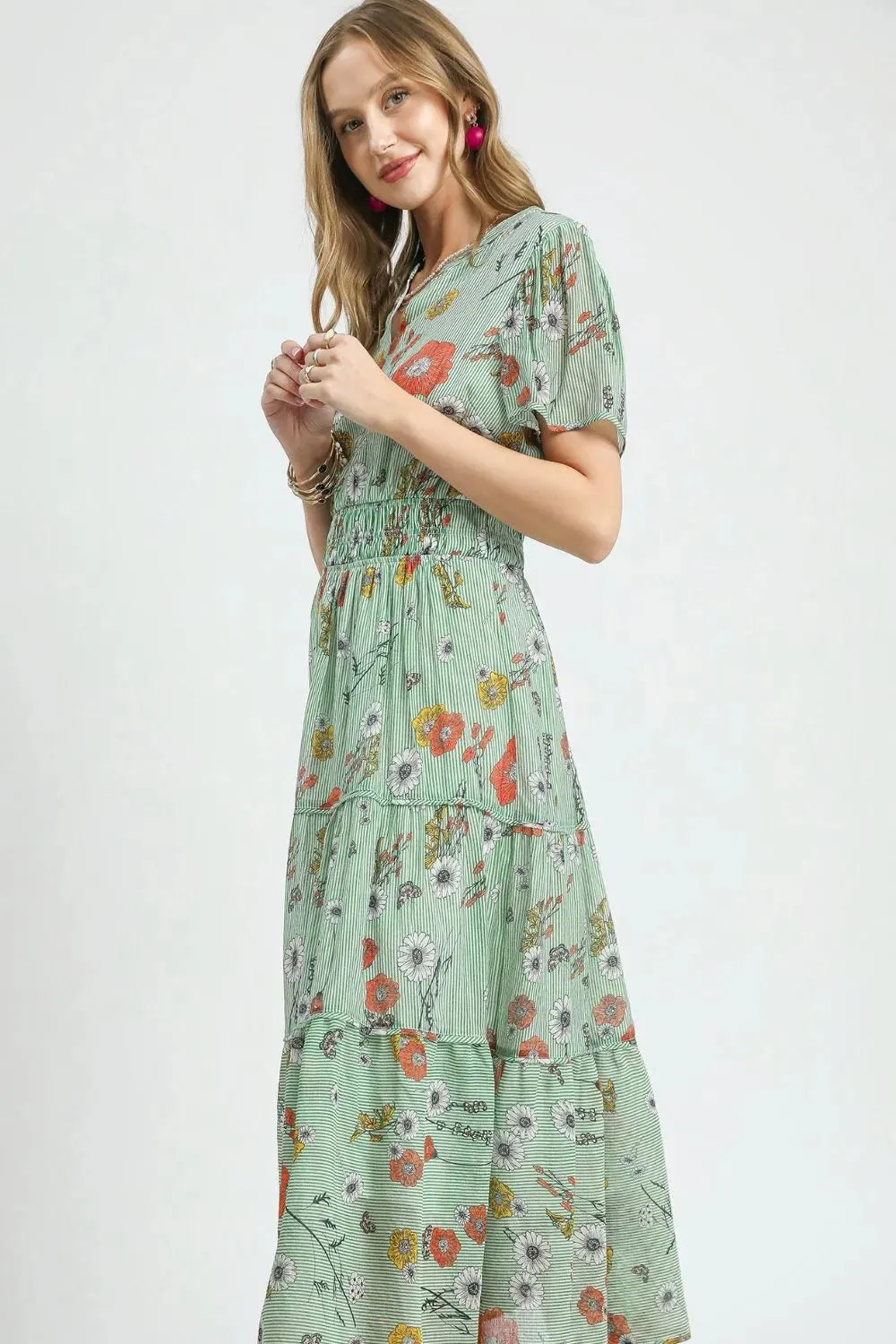 Umgee Smocked Waist Floral Short Sleeve Midi Dress sold by Charming Charlie product image thumbnail 3