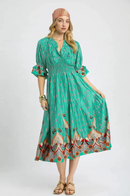 Umgee Printed Smocked Waist Flounce Sleeve Midi Dress sold by Charming Charlie