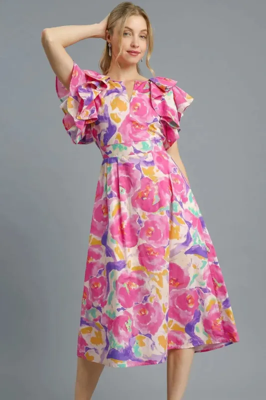 Umgee Floral Ruffled Cap Sleeve Midi Dress sold by Charming Charlie