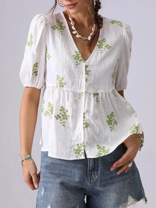 Embroidered V-Neck Puff Sleeve Peplum Blouse sold by Charming Charlie