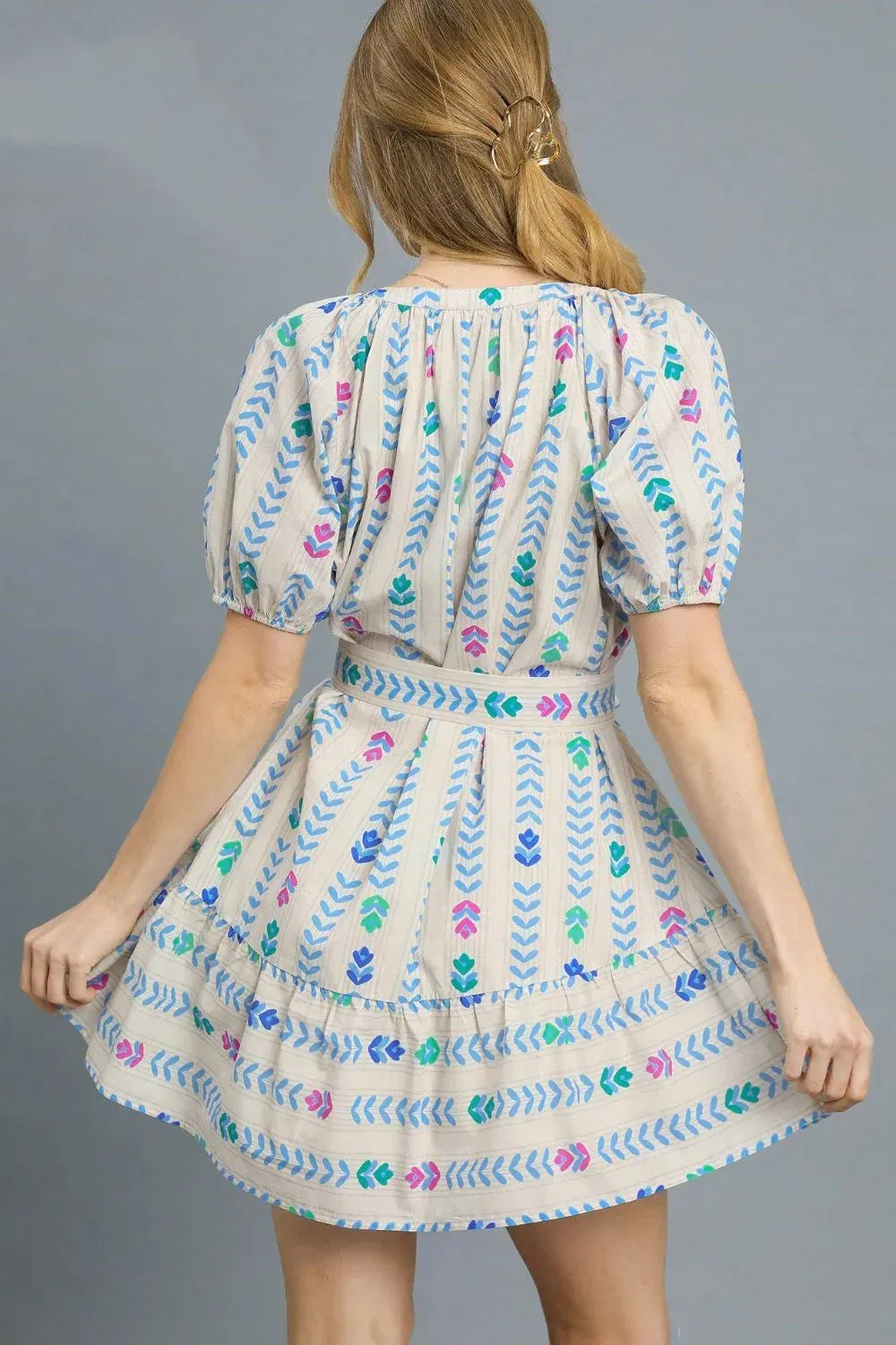 Umgee Printed Tie Waist Puff Short Sleeve Mini Dress sold by Charming Charlie product image thumbnail 3