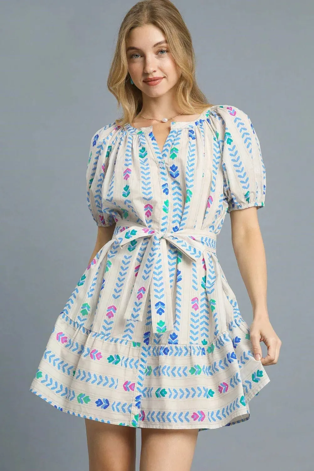 Umgee Printed Tie Waist Puff Short Sleeve Mini Dress sold by Charming Charlie