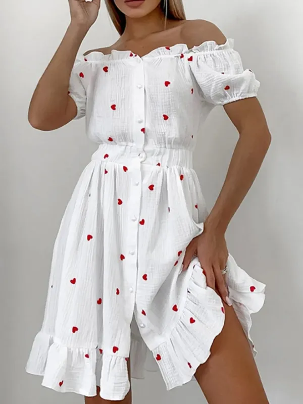 Heart Printed Off-Shoulder Ruffle Mini Dress sold by Charming Charlie