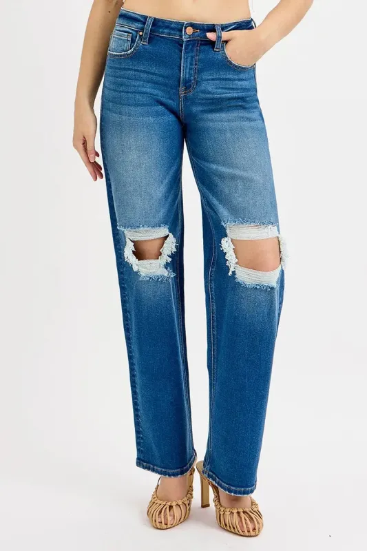 RISEN Full Size Mid Waist Fit Boyfriend Knee Distressed Jeans Plus Size sold by Charming Charlie
