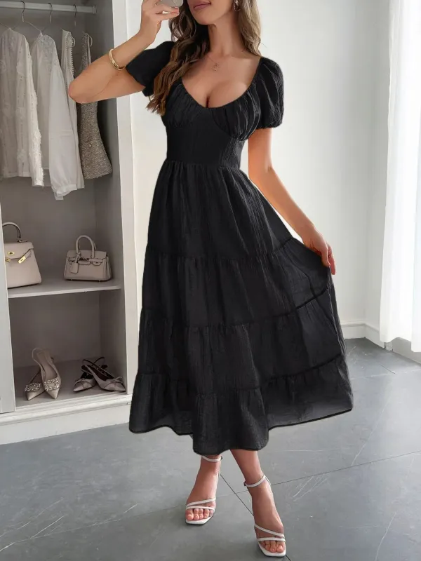 Backless Tiered Puff Sleeve Midi Dress sold by Charming Charlie