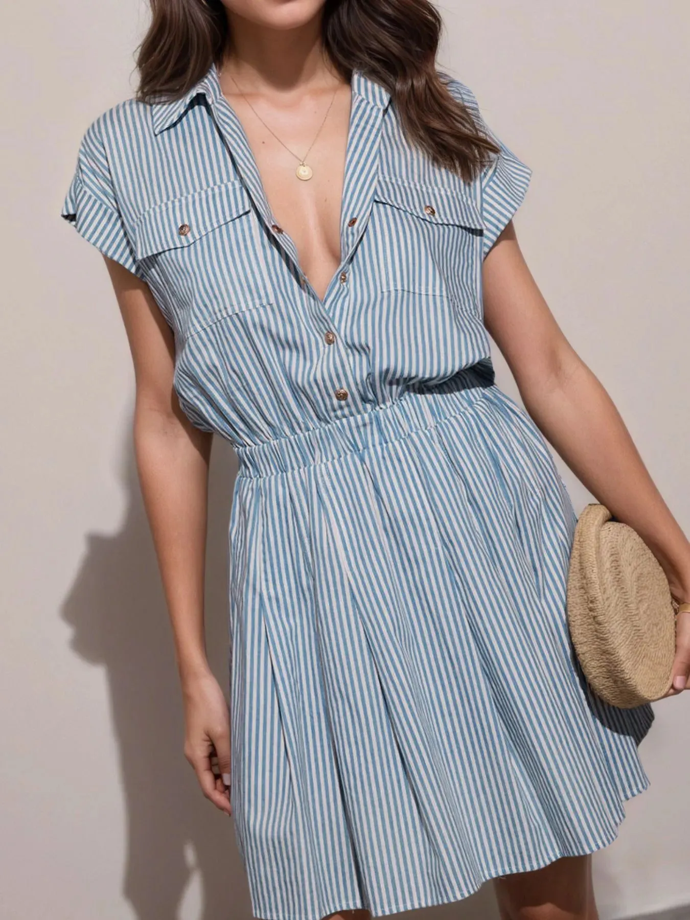 Hlaf Button Striped Cap Sleeve Mini Shirt Dress sold by Charming Charlie product image thumbnail 5
