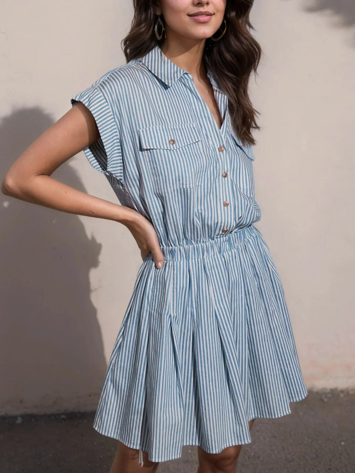 Hlaf Button Striped Cap Sleeve Mini Shirt Dress sold by Charming Charlie product image thumbnail 4