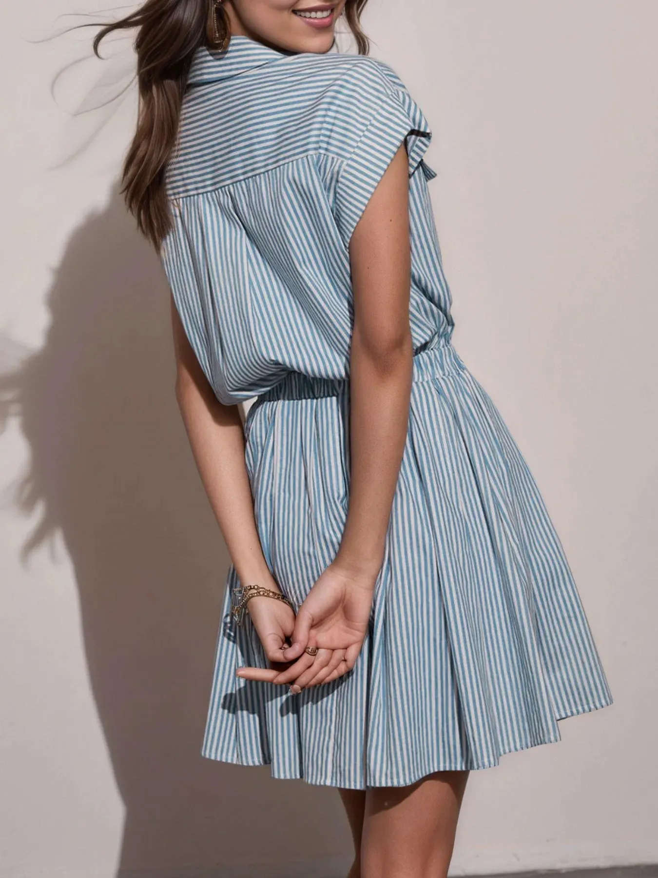 Hlaf Button Striped Cap Sleeve Mini Shirt Dress sold by Charming Charlie product image thumbnail 3