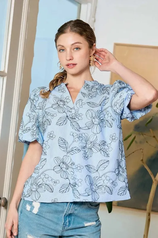 Umgee Floral Print Puff Sleeve Casual Blouse sold by Charming Charlie