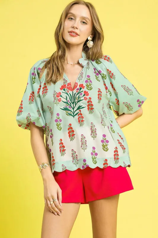 Umgee Floral Print Scalloped Hem Puff Sleeve Blouse sold by Charming Charlie