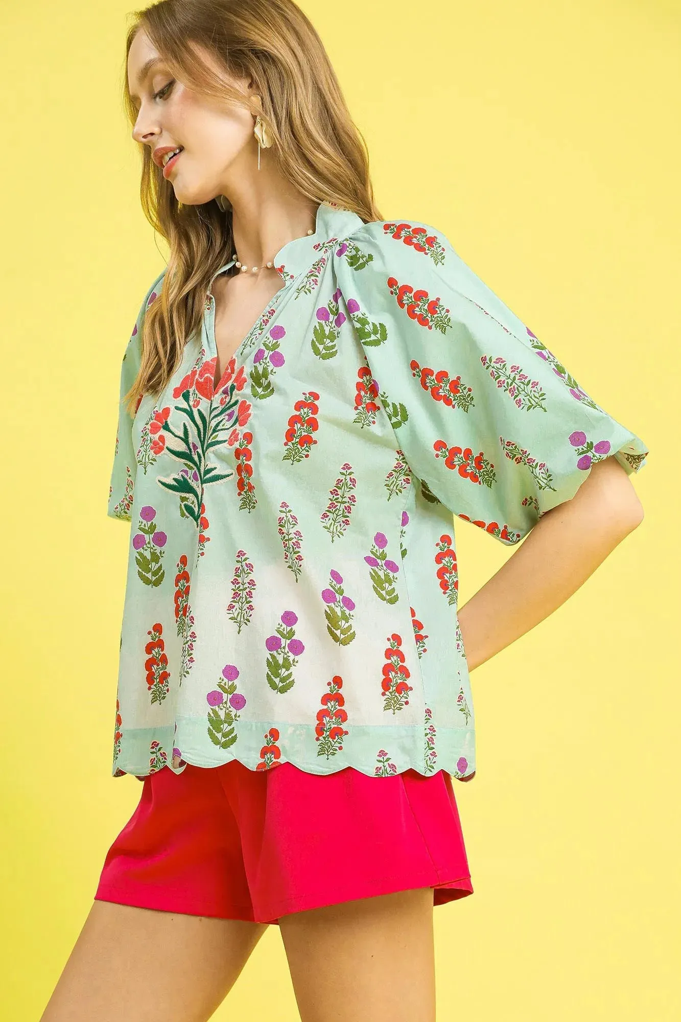 Umgee Floral Print Scalloped Hem Puff Sleeve Blouse sold by Charming Charlie product image thumbnail 2
