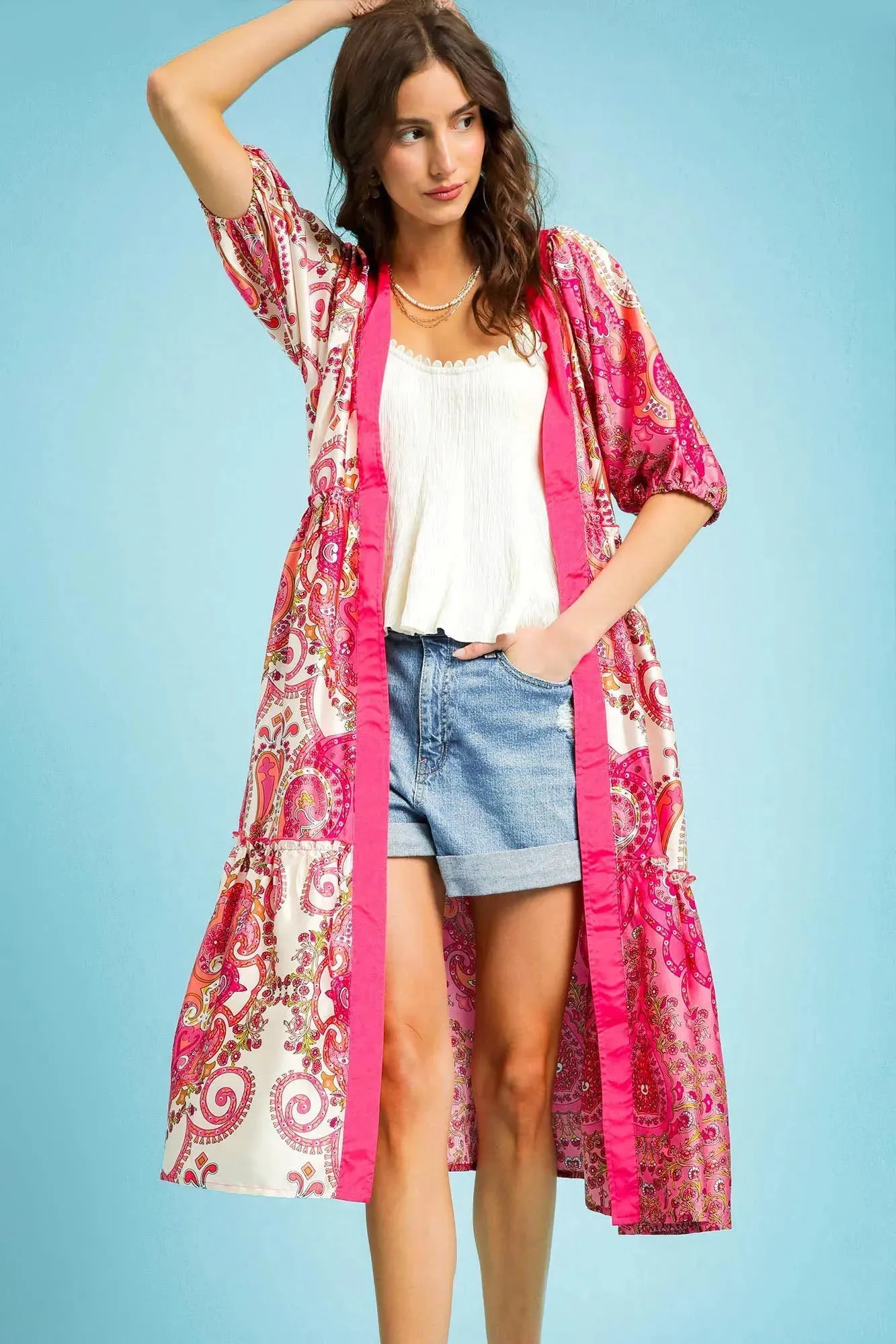 Umgee Printed Open Front Puff Sleeve Cover Up sold by Charming Charlie