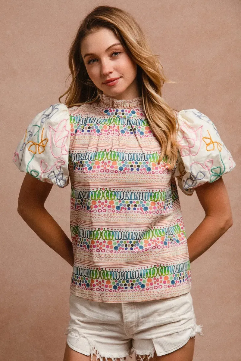 BiBi Ruffle Neckline Blouse With Embroidery Bubble Sleeve sold by Charming Charlie product image thumbnail 3