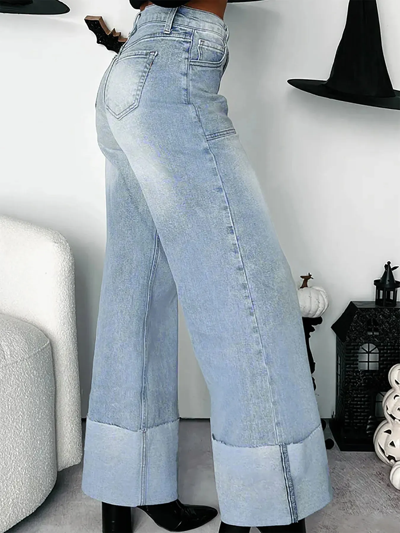 High-Waisted Wide-Leg Jeans with Cuffed Hem sold by Charming Charlie product image thumbnail 2
