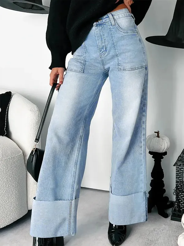 High-Waisted Wide-Leg Jeans with Cuffed Hem sold by Charming Charlie