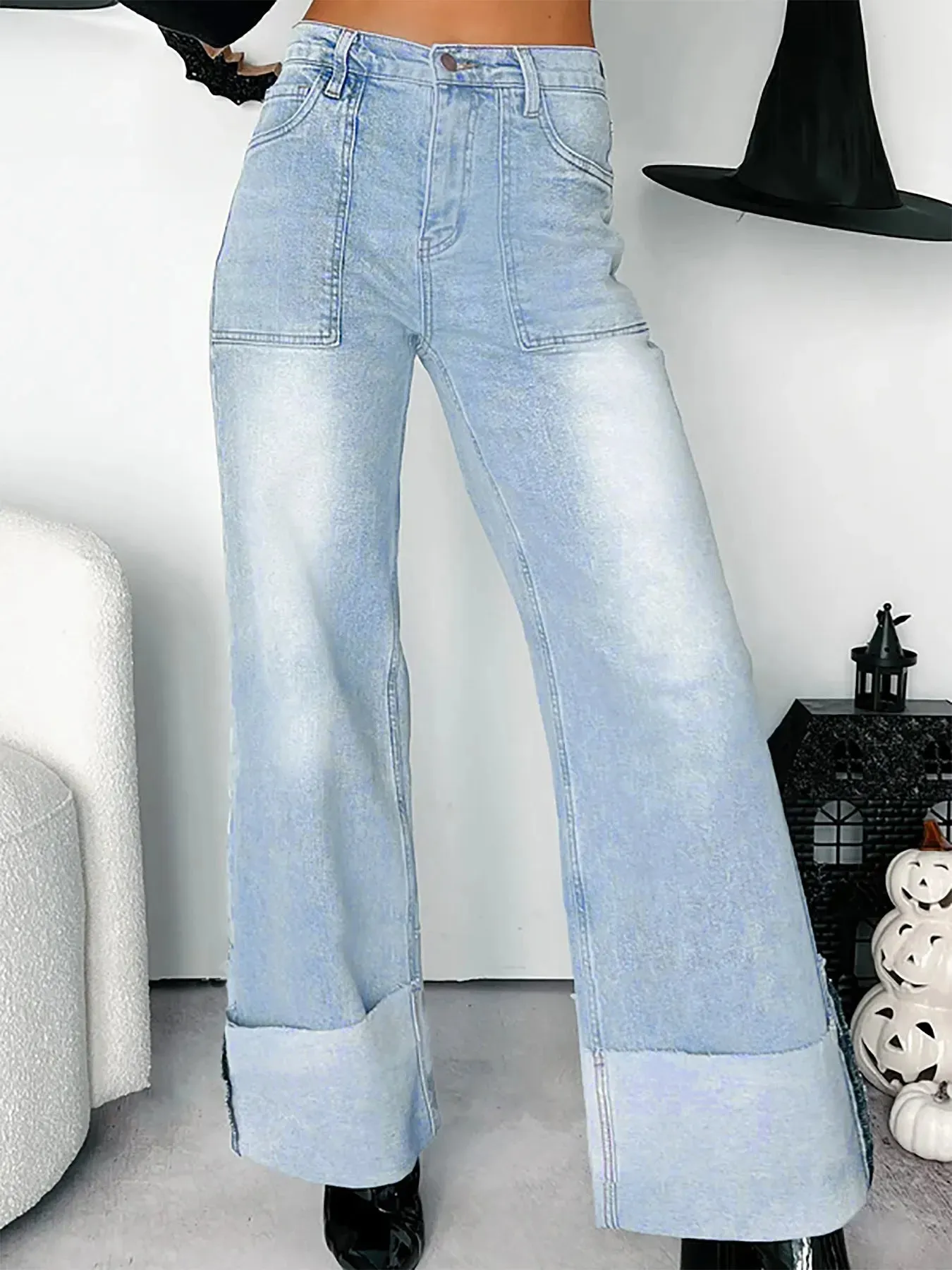 High-Waisted Wide-Leg Jeans with Cuffed Hem sold by Charming Charlie product image thumbnail 3