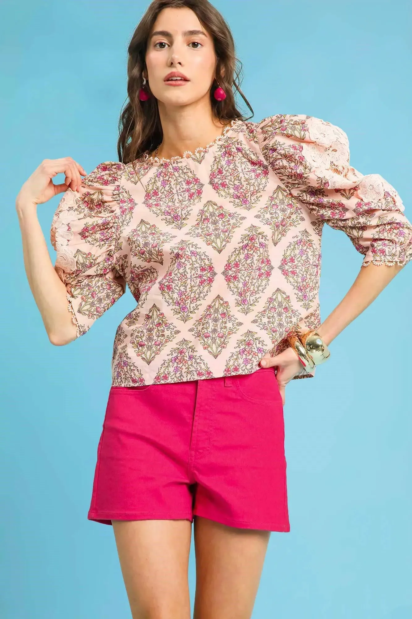 Umgee Printed Lace Puff Sleeve Blouse sold by Charming Charlie