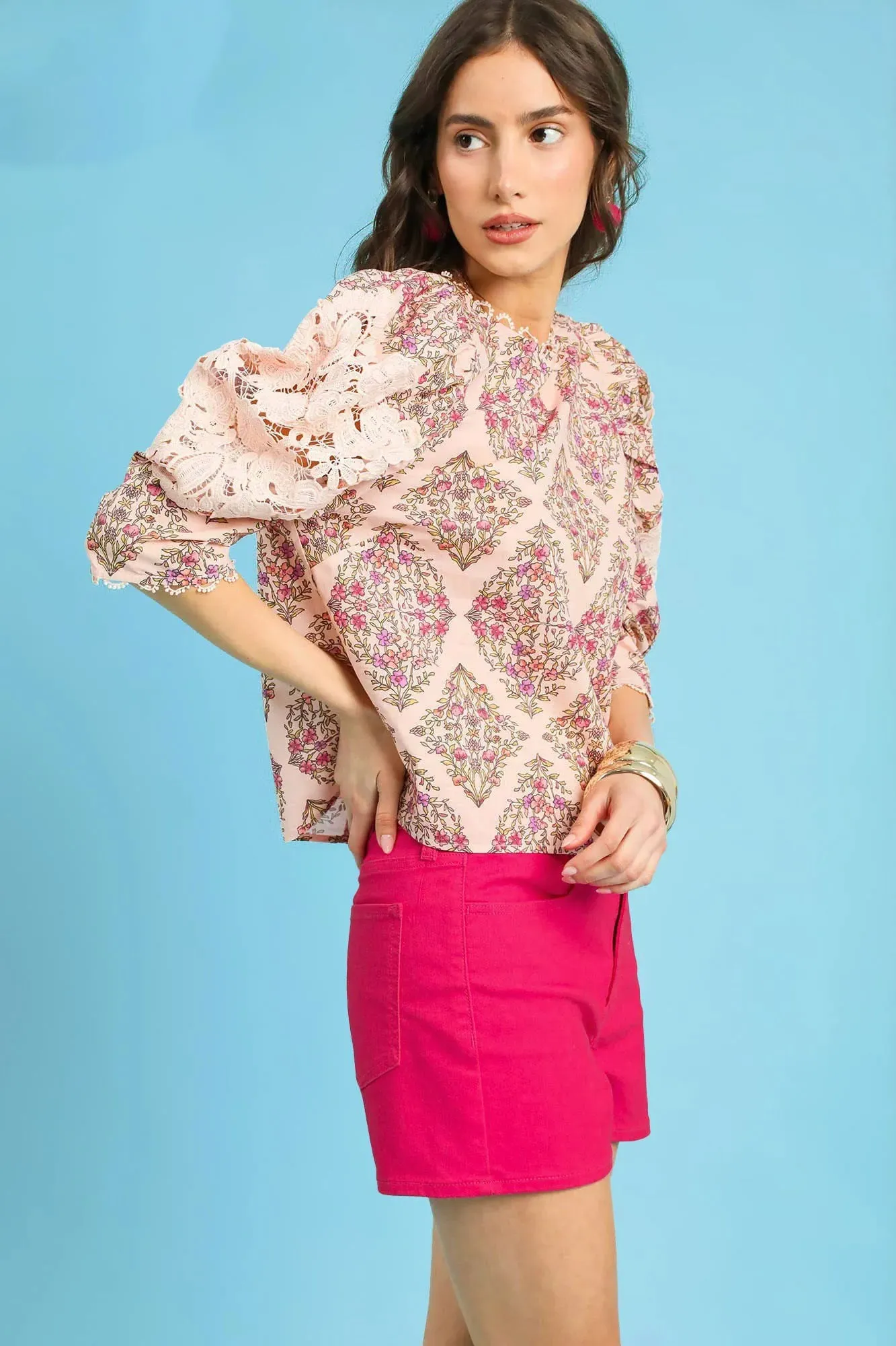 Umgee Printed Lace Puff Sleeve Blouse sold by Charming Charlie product image thumbnail 2