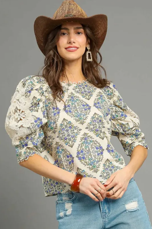 Umgee Printed Lace Puff Sleeve Blouse sold by Charming Charlie