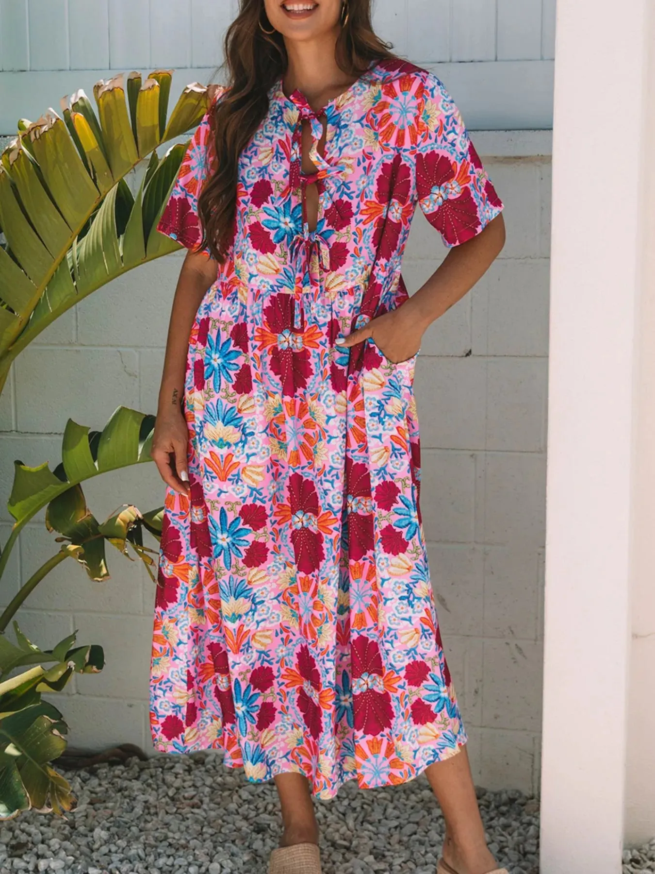 Floral Print Tie Front Midi Dress sold by Charming Charlie