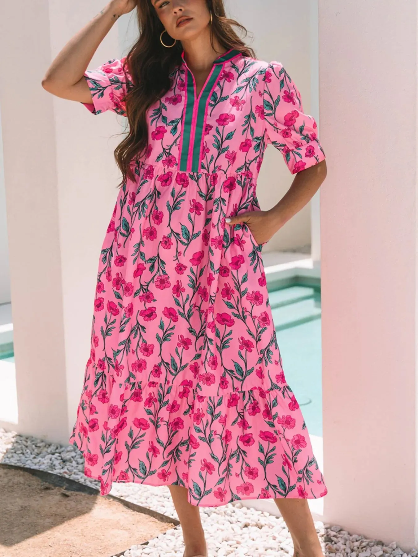 Floral Contrast Neckline A-line Puff Sleeve Dress sold by Charming Charlie product image thumbnail 2