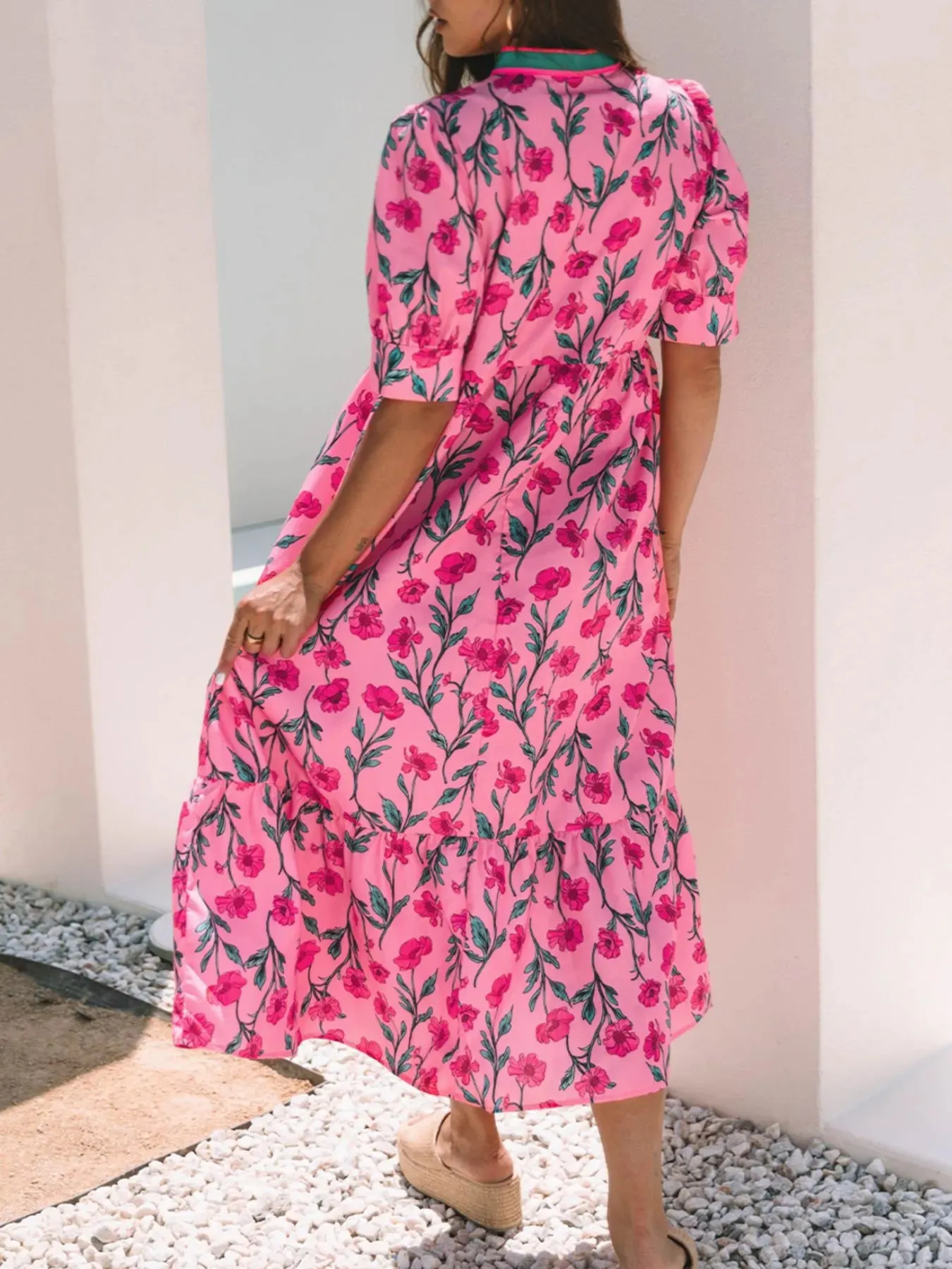 Floral Contrast Neckline A-line Puff Sleeve Dress sold by Charming Charlie product image thumbnail 3