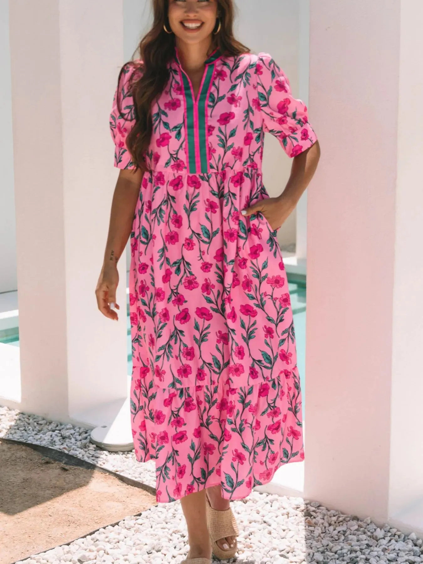 Floral Contrast Neckline A-line Puff Sleeve Dress sold by Charming Charlie product image thumbnail 4