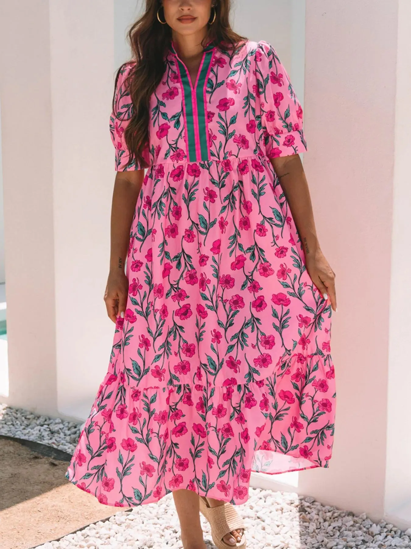 Floral Contrast Neckline A-line Puff Sleeve Dress sold by Charming Charlie product image thumbnail 5