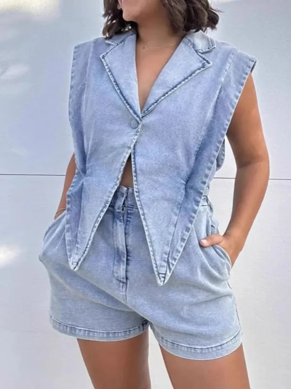 Sleeveless One Button Denim Romper sold by Charming Charlie