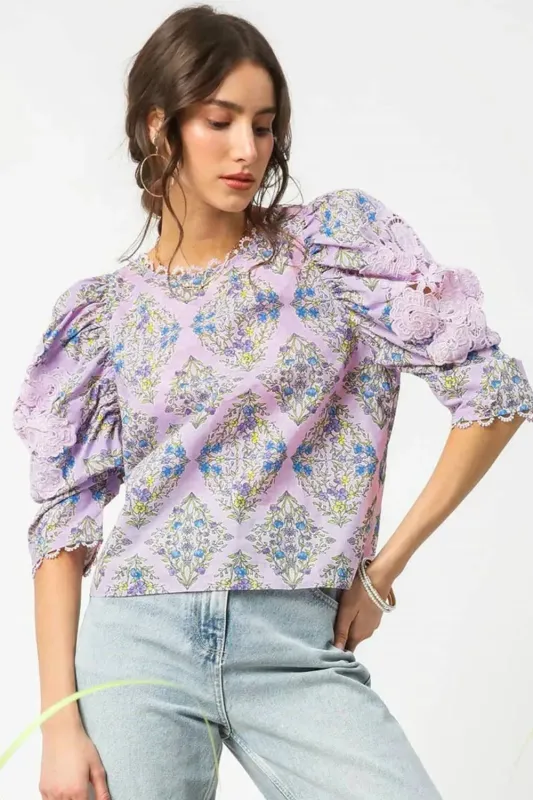 Umgee Printed Lace Puff Sleeve Blouse sold by Charming Charlie