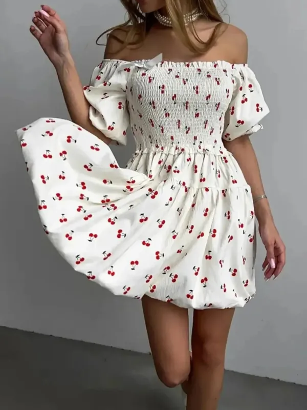 Puff Sleeve Cherry Print Smocked Mini Dress sold by Charming Charlie