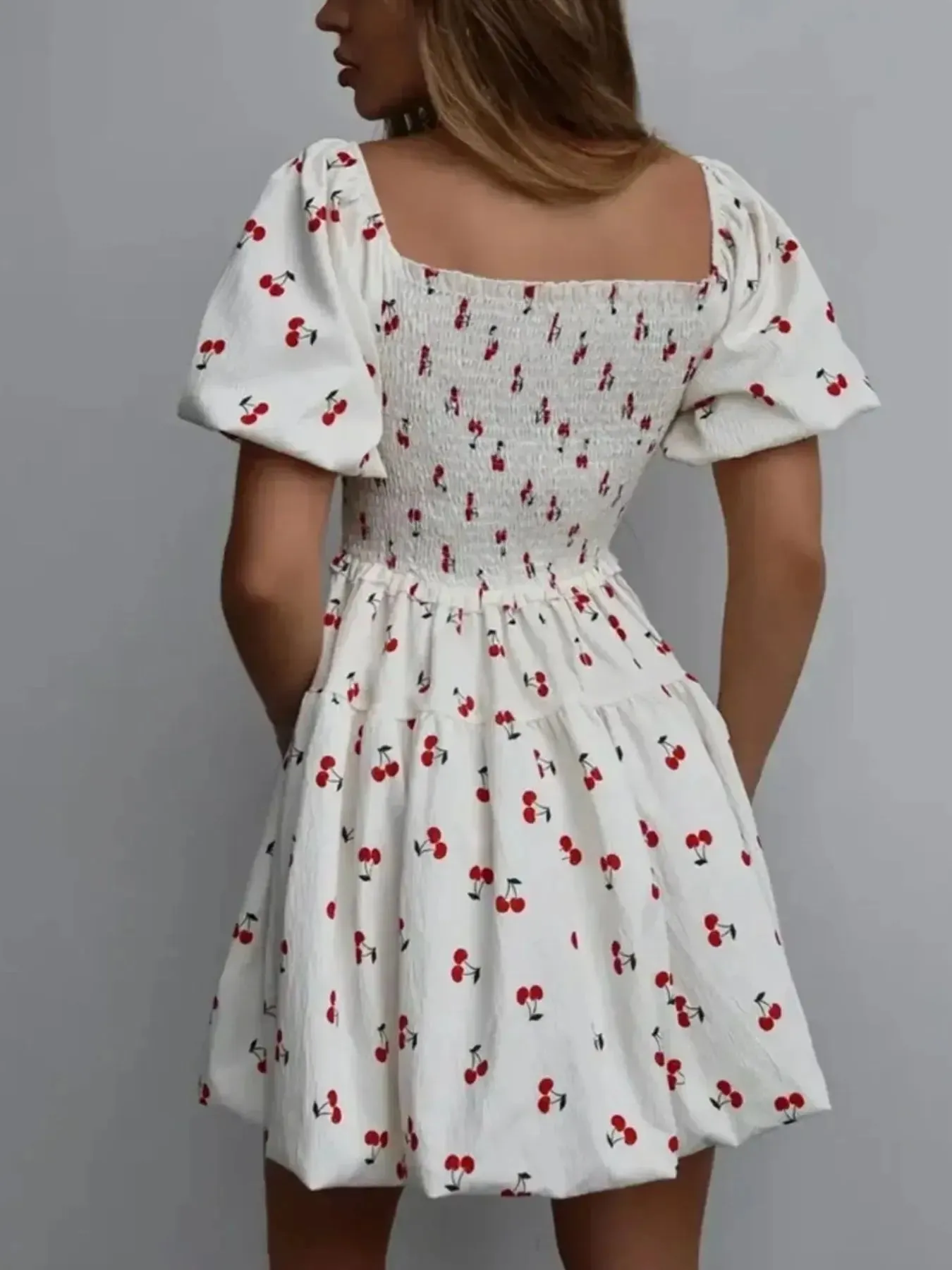 Puff Sleeve Cherry Print Smocked Mini Dress sold by Charming Charlie product image thumbnail 2