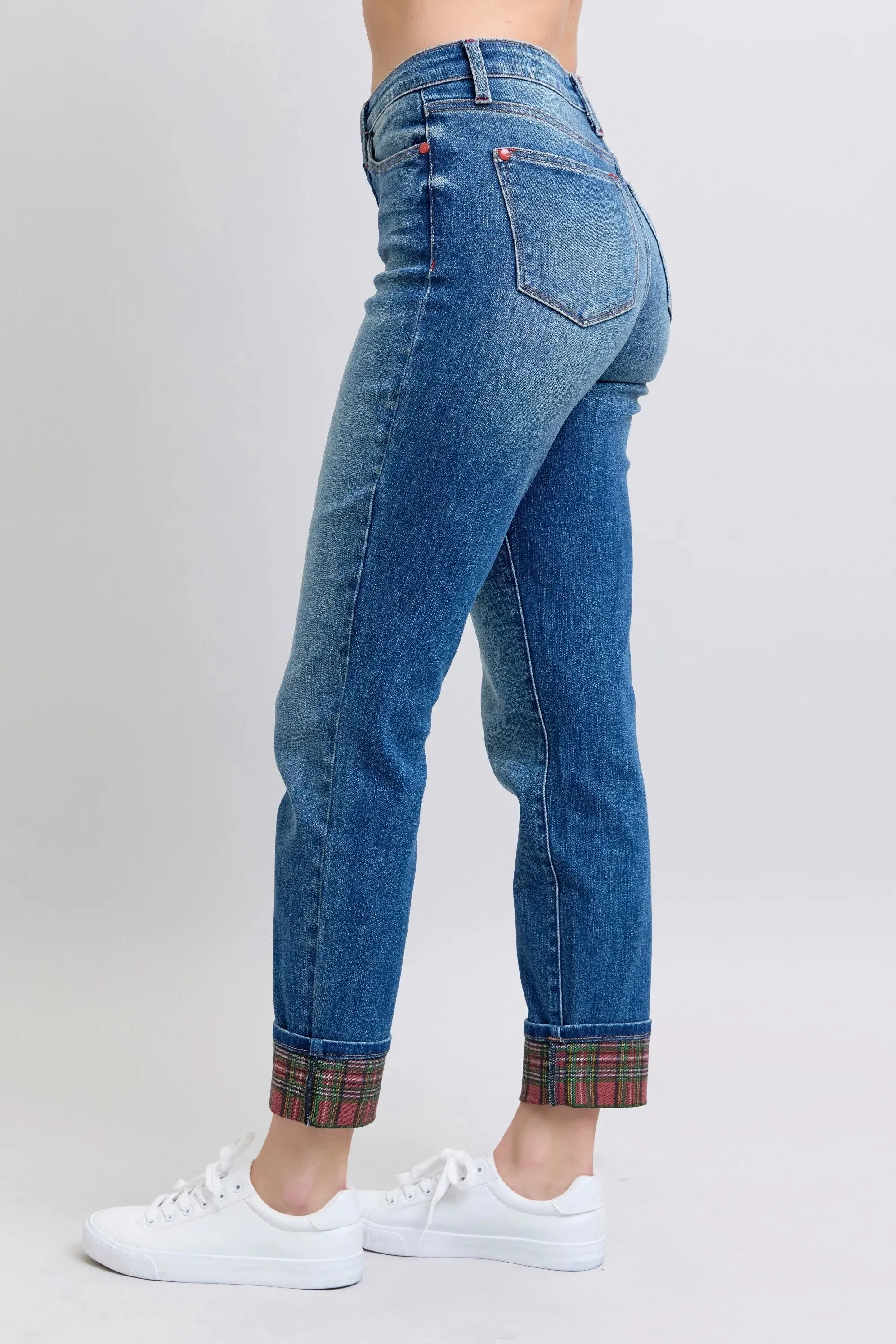 Judy Blue Full Size Mr Plaid Print Cuff Bf Jeans Plus Size sold by Charming Charlie product image thumbnail 2