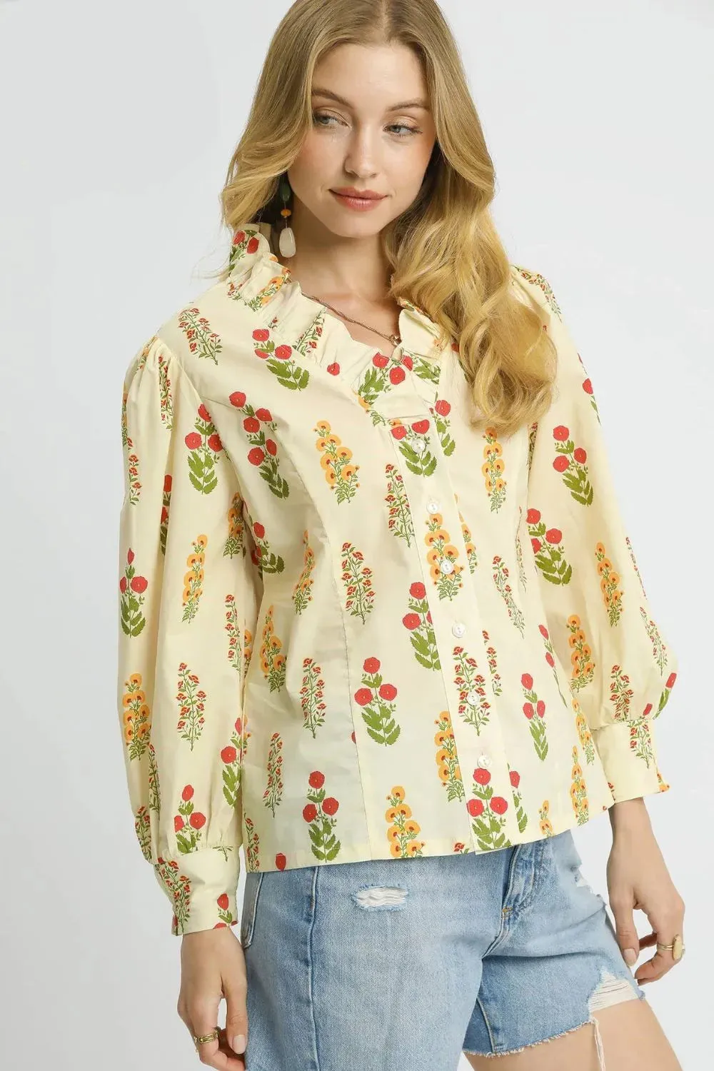 Umgee Floral Print Lantern Sleeve Button Down Shirt sold by Charming Charlie