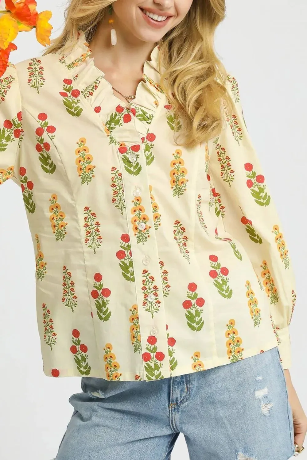 Umgee Floral Print Lantern Sleeve Button Down Shirt sold by Charming Charlie product image thumbnail 4