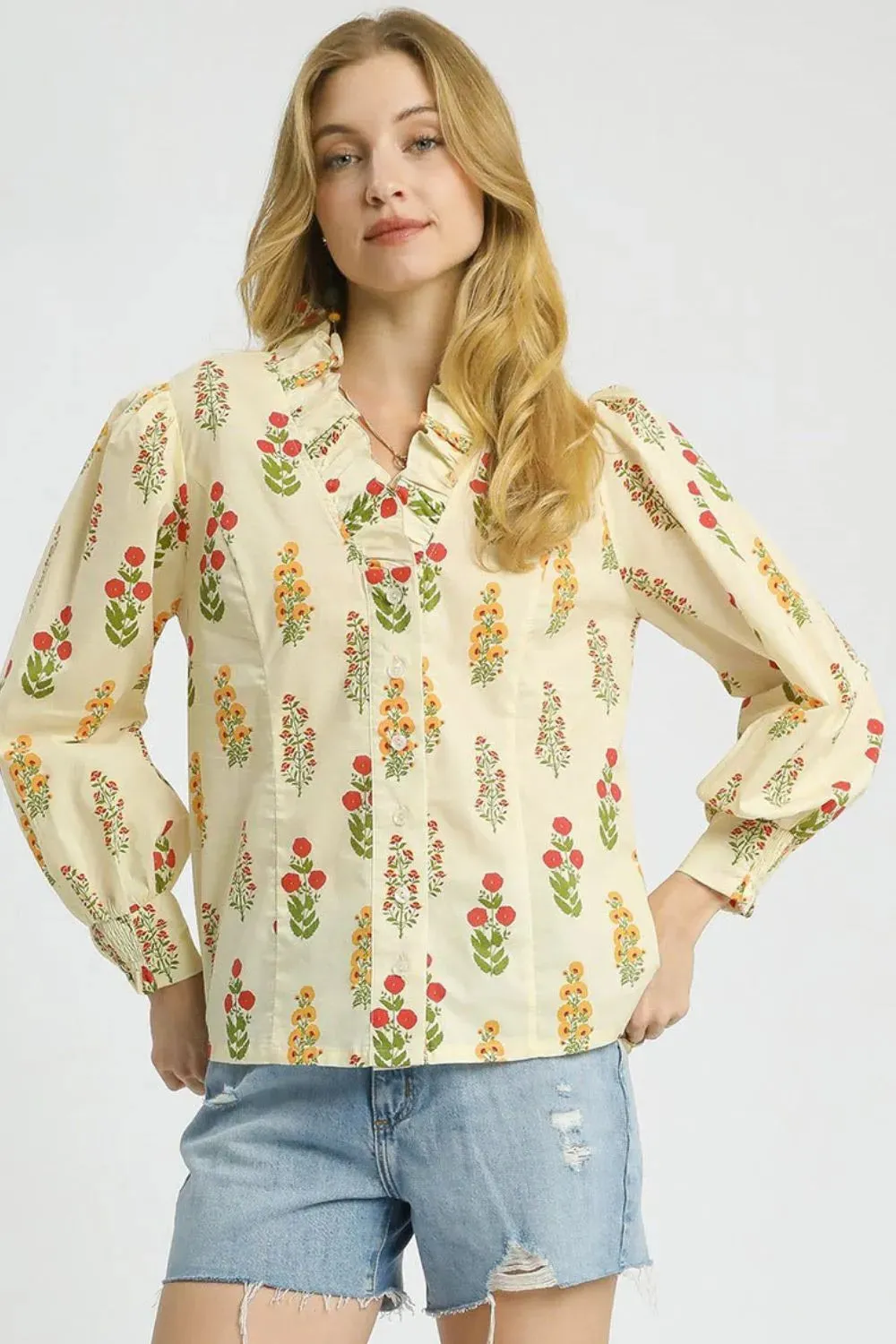 Umgee Floral Print Lantern Sleeve Button Down Shirt sold by Charming Charlie product image thumbnail 2