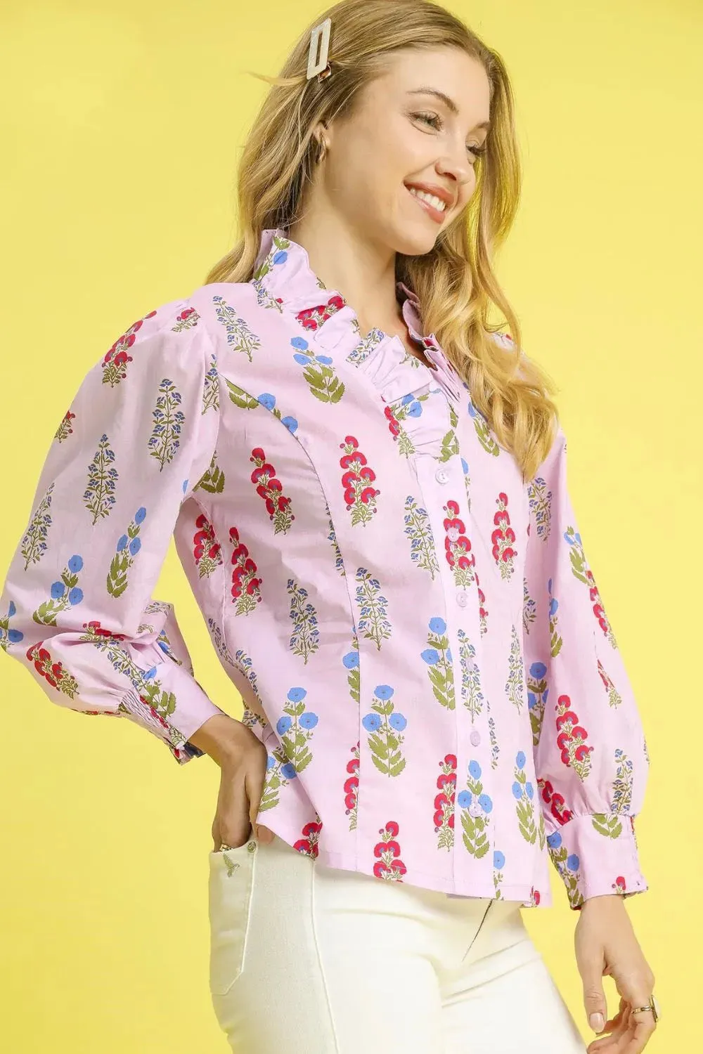 Umgee Floral Print Lantern Sleeve Button Down Shirt sold by Charming Charlie product image thumbnail 4