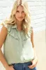 Feeling Femme' Olive Linen Ruffle Collar Botton Down Top sold by Charming Charlie