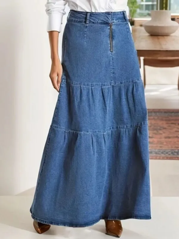 Tiered Maxi Denim Skirt with Zipper Detail sold by Charming Charlie