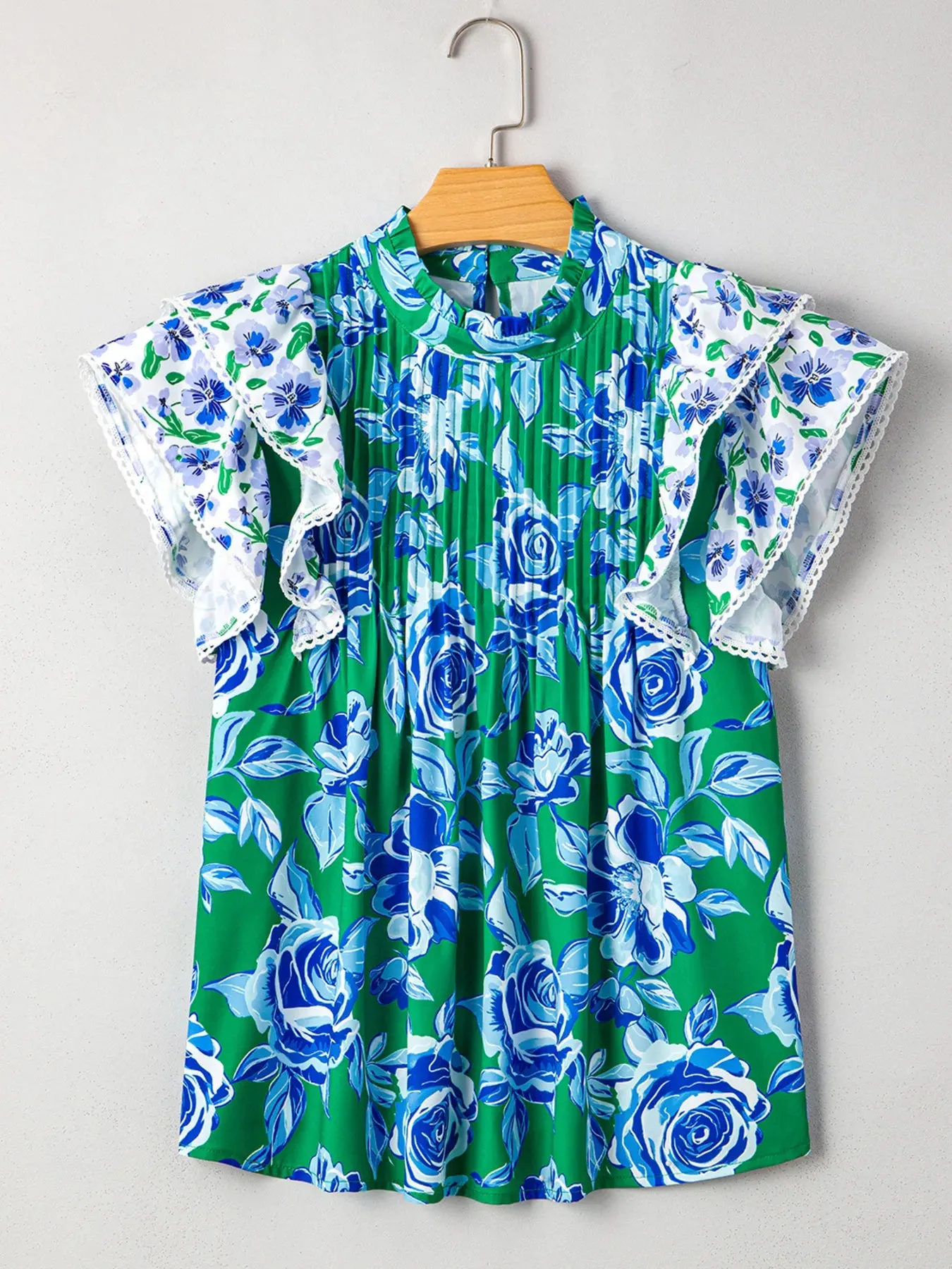 Floral Lace Trim Contrast Ruffle Sleeve Pleated Loose Blouse sold by Charming Charlie product image thumbnail 4