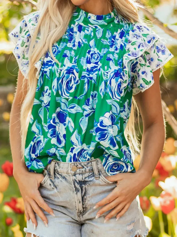 Floral Lace Trim Contrast Ruffle Sleeve Pleated Loose Blouse sold by Charming Charlie