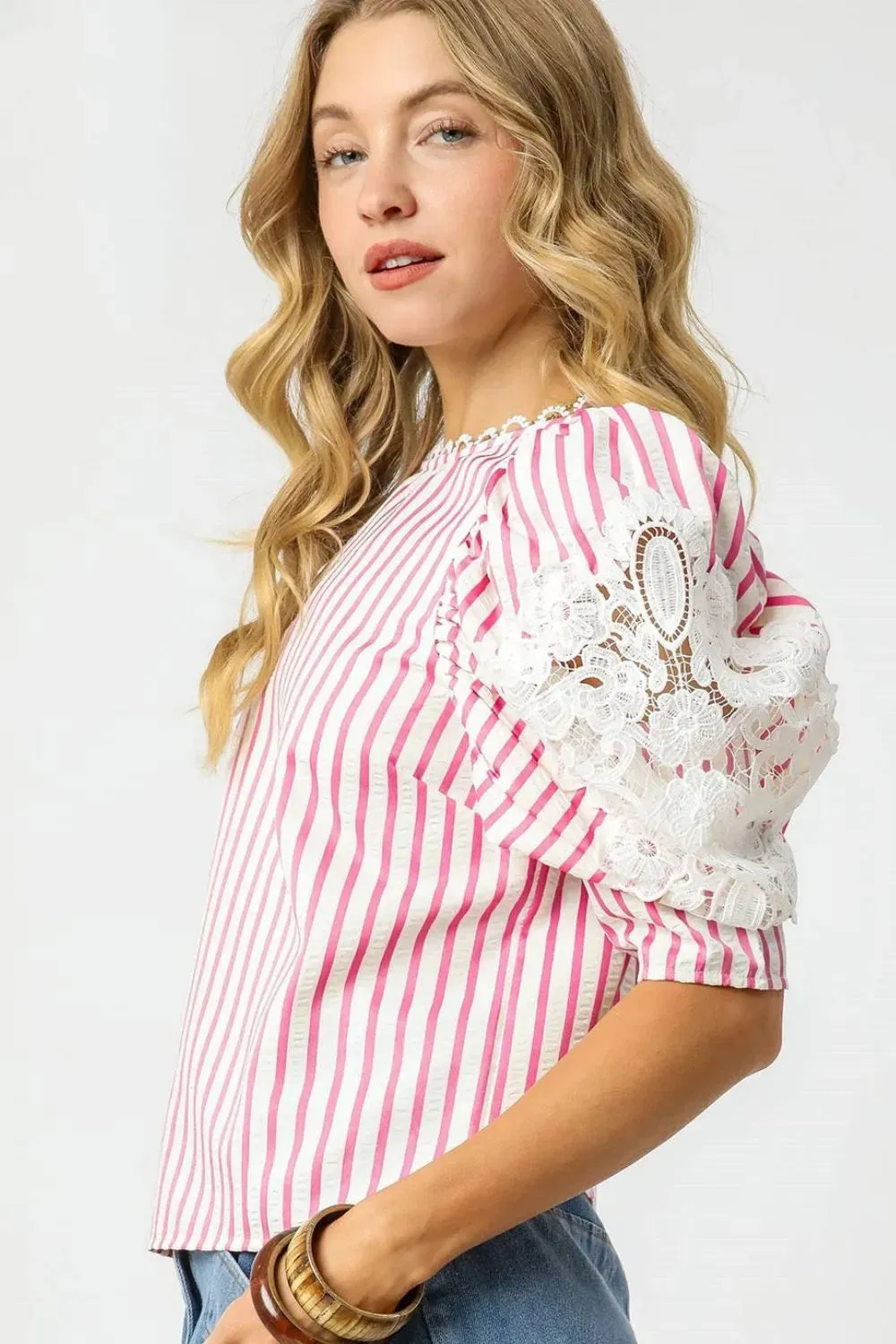 Umgee Striped Lace Puff Sleeve Blouse sold by Charming Charlie product image thumbnail 2